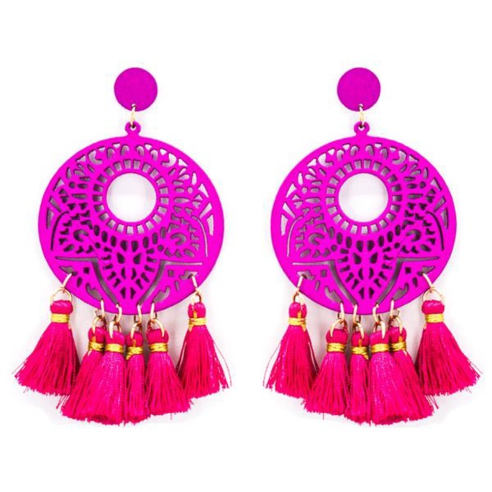 Fuchsia wood lotus tassel earrings